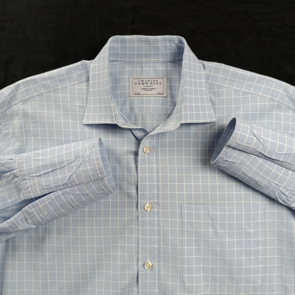 Charles Tyrwhitt Blue Check Plaid Classic Fit French Cuff Dress Shirt 16/33